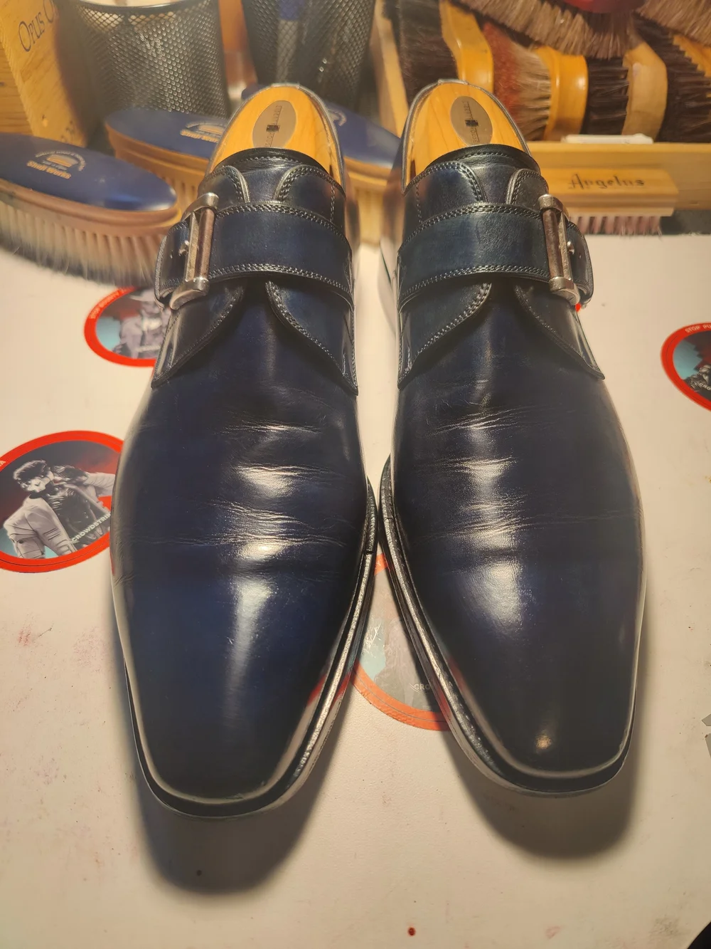 Magnanni Navy Blue Leather Single Monk Strap Dress Shoes